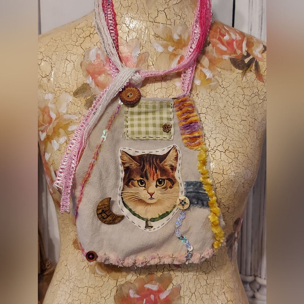 JABOT Handmade NECK ADORNMENT Kitten Patch Crushed velvet ONE OF A KIND - Picture 2 of 10